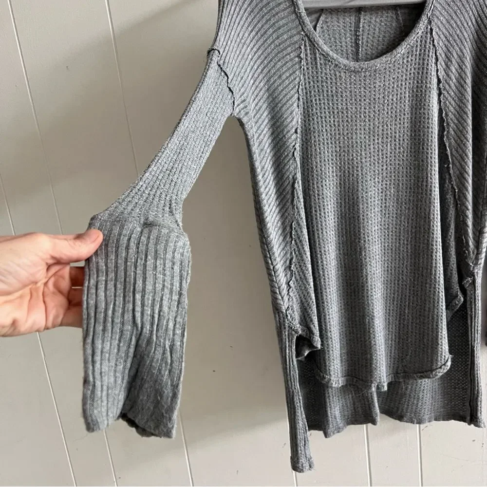 Free People Gray Ventura Raglan Waffle Knit Thermal Top Long Sleeve Size S
